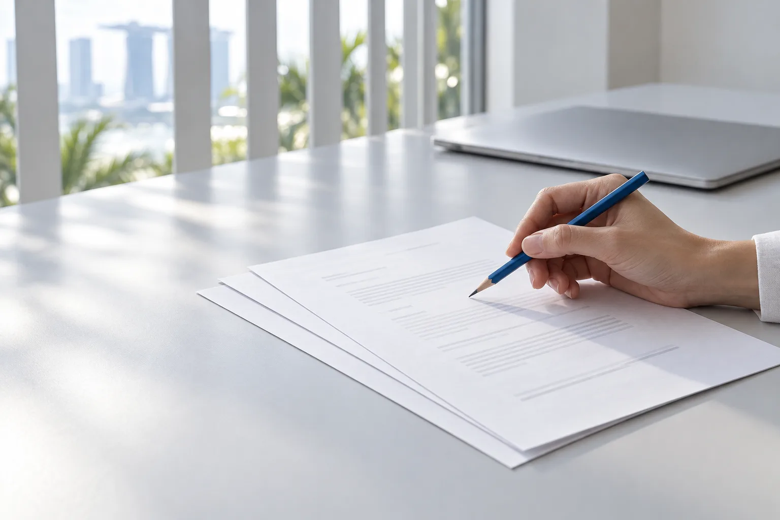 Illustrative scene of a person reviewing a document with a blue pencil
