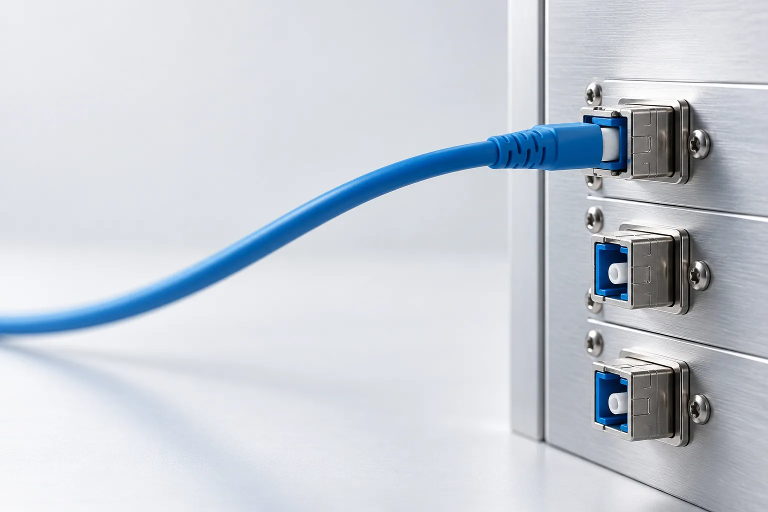 Illustrative blue fibre cable connected to an aluminium panel