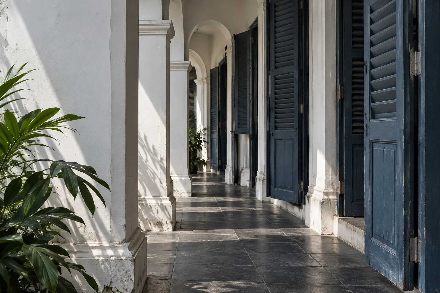 Illustrative Singapore shophouse passage with blue shutters and tropical plants