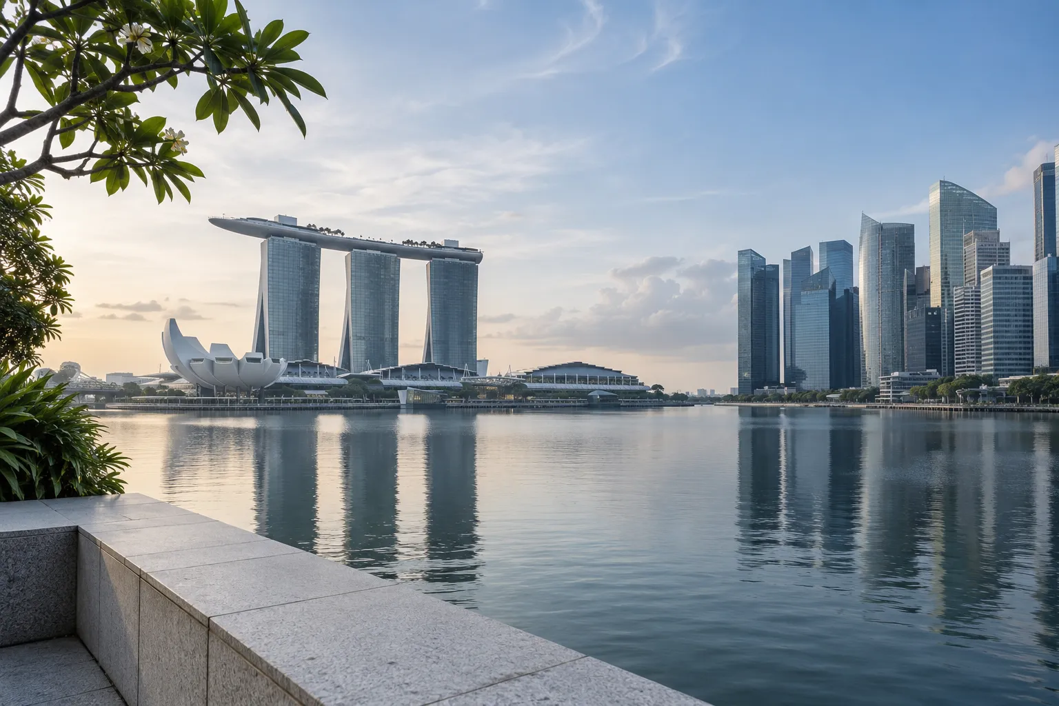 Illustrative Singapore Marina Bay waterfront with tropical greenery