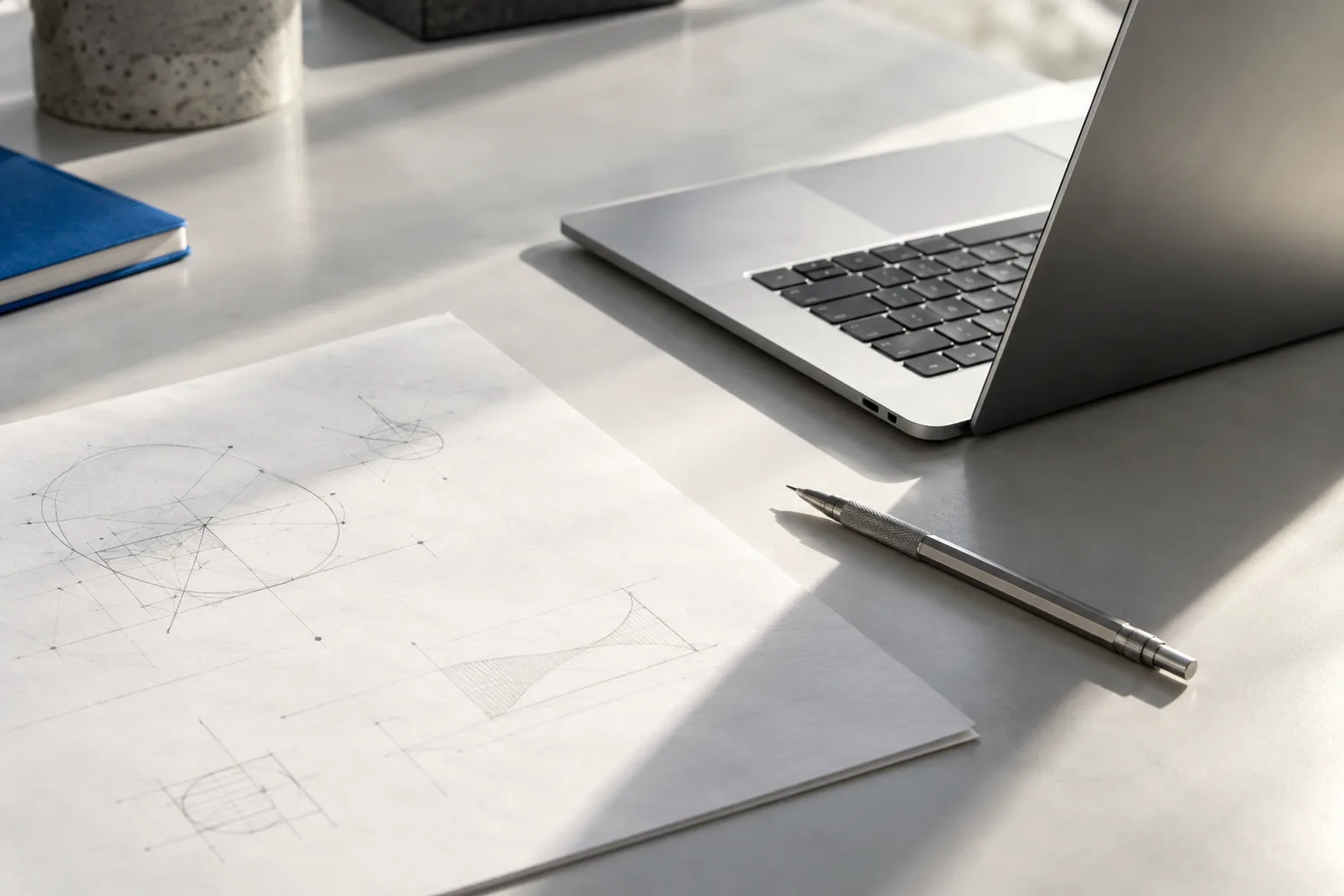 Illustrative software planning workbench with a laptop and pencil sketches