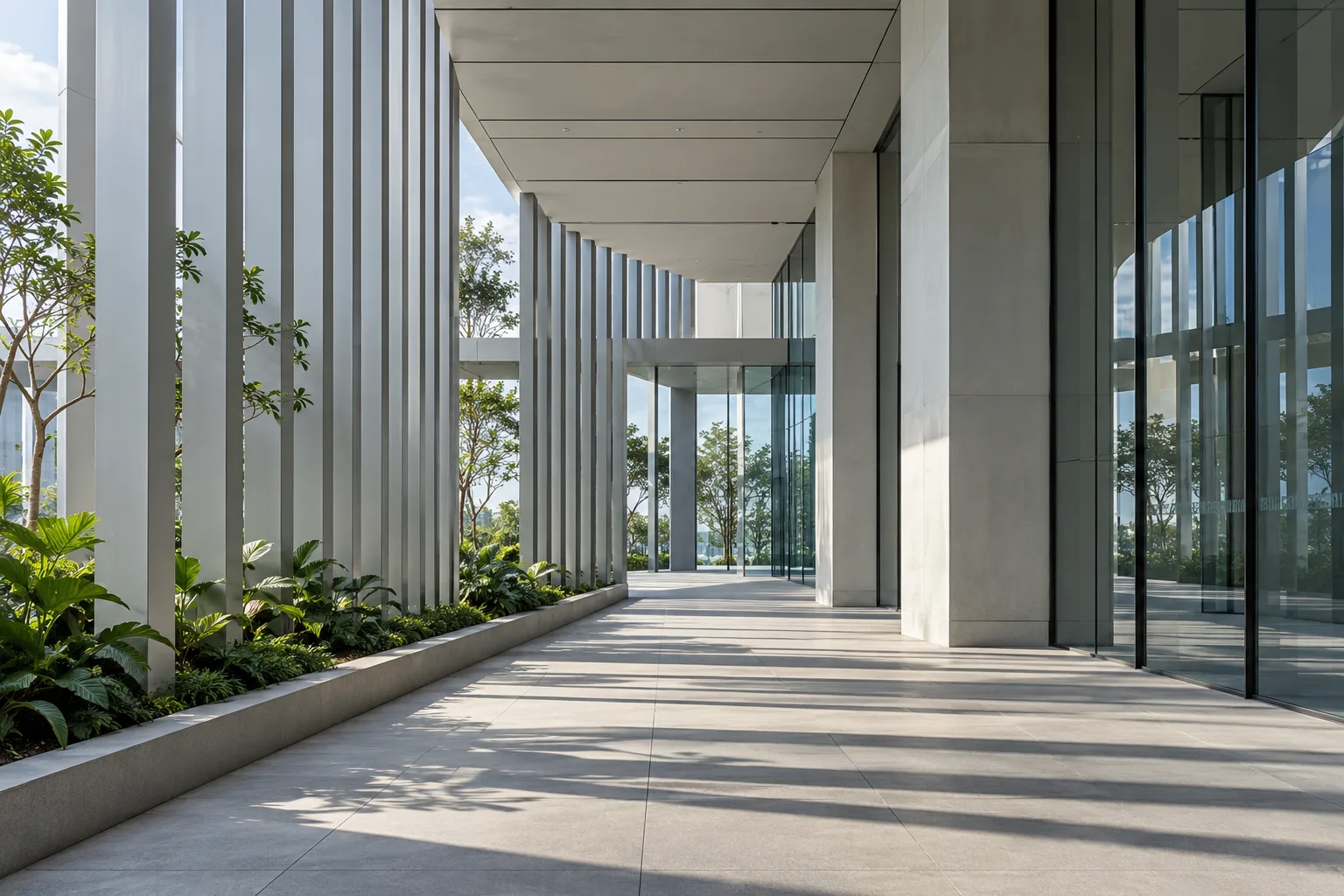 Illustrative tropical architecture with shaded walkways, glass and greenery
